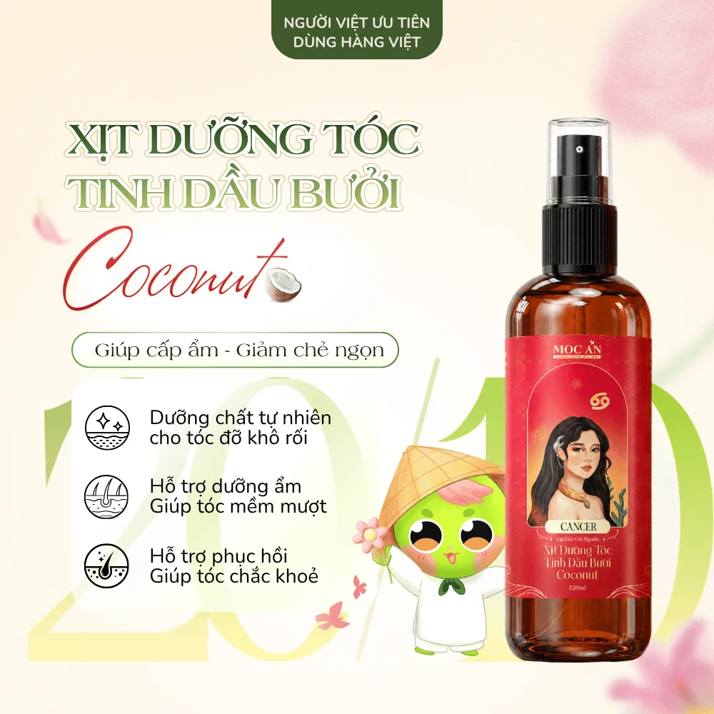 Xịt Dưỡng Tóc Tinh Dầu Bưởi Mộc Ân Coconut 120ml - Cấp ẩm, giảm chẻ ngọn