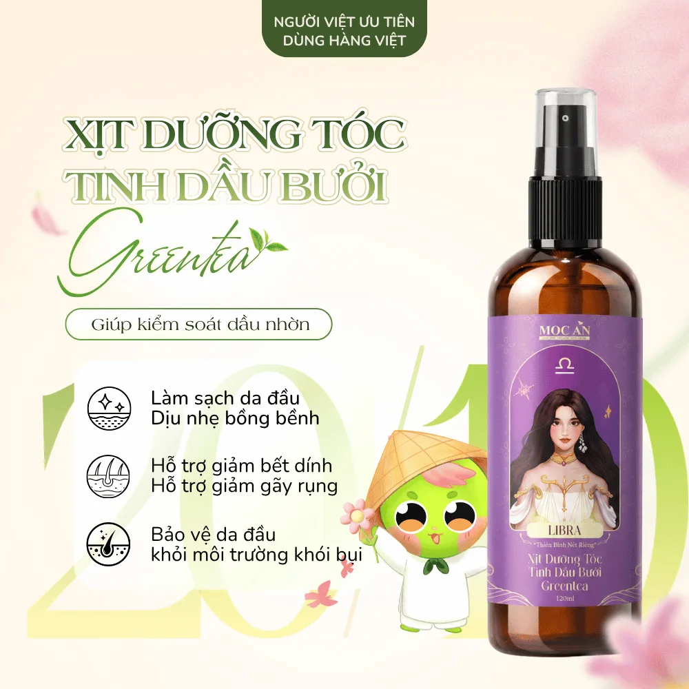 Xịt Dưỡng Tóc Tinh Dầu Bưởi Mộc Ân Green Tea 120ml – Kiểm soát dầu, sạch thoáng